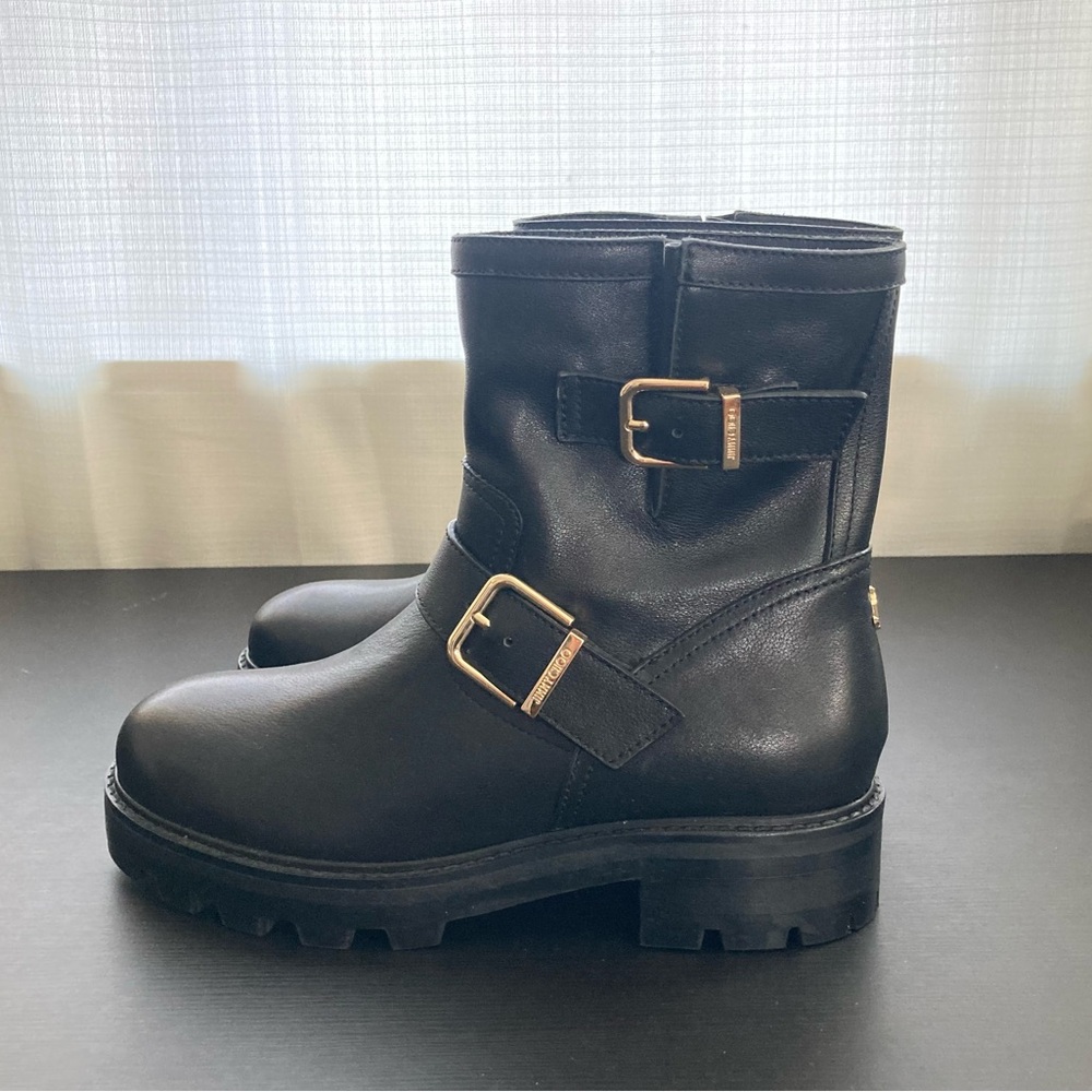 Jimmy Choo Youth II Black Smooth Leather Biker Boots with Gold Buckles 37